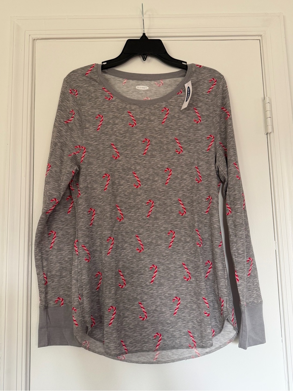 Old Navy Gray Long-Sleeve Pajama Top with Red & White Candy Cane Print